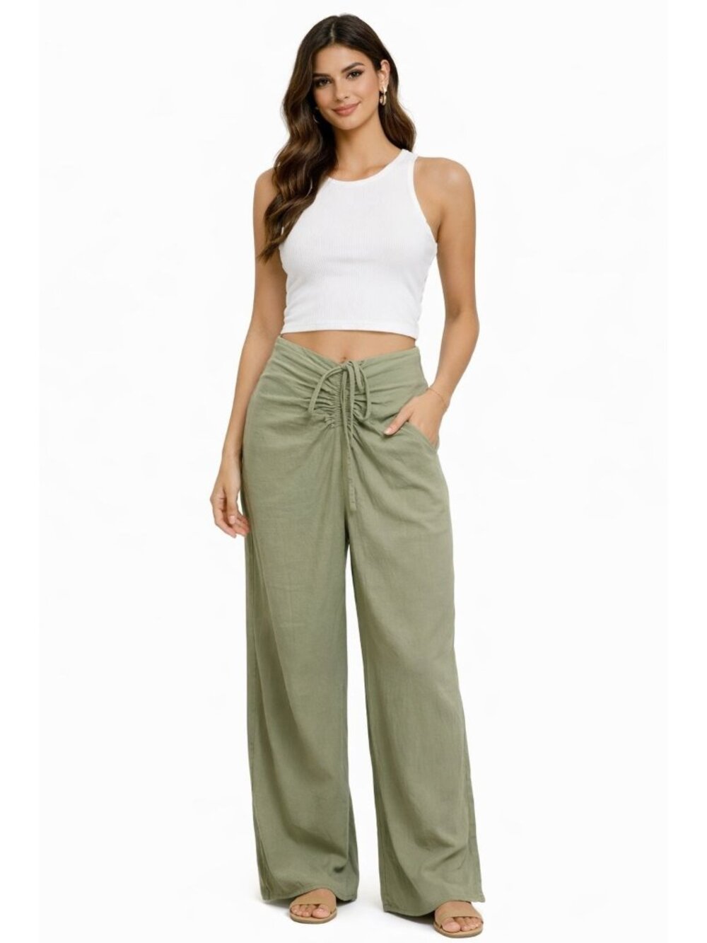 Shein Pants Womens Medium Green Wide Leg Ruched Front Drawstring Tie Waist